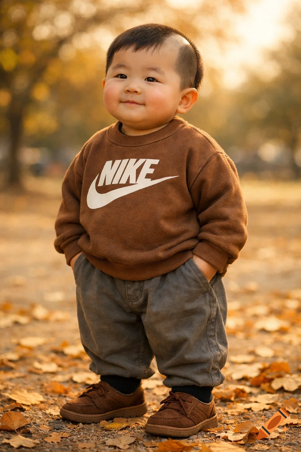 A smiling Asian baby in a brown Nike sweater, grey pants, and brown shoes stands among autumn leaves. Photorealistic.