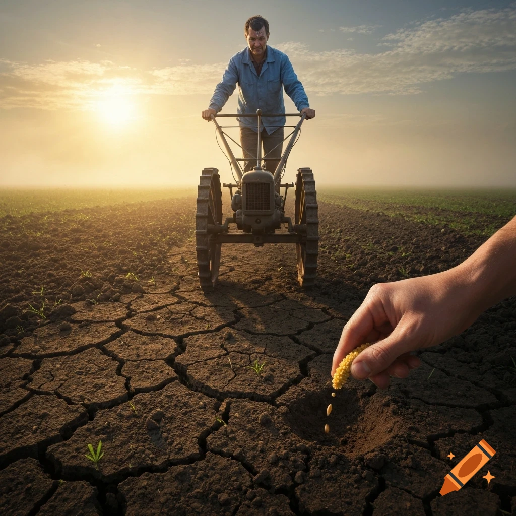 A farmer drives a walk-behind tractor across cracked earth at sunrise, while a hand sows seeds in the foreground.