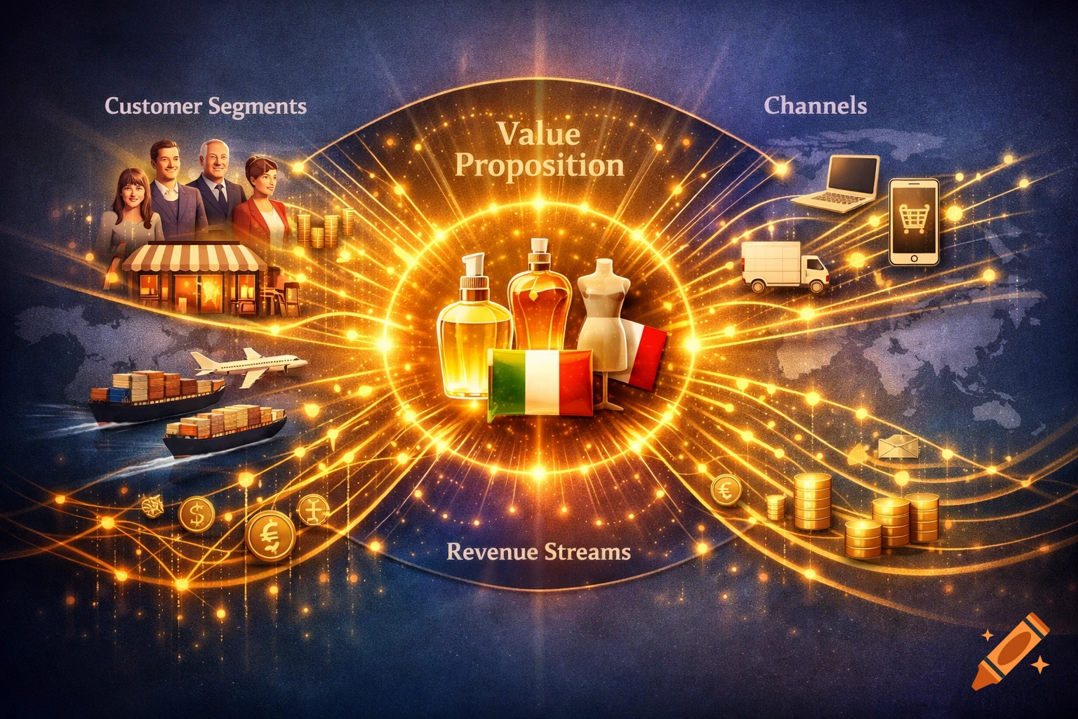 A glowing business model canvas infographic on a dark blue map background, connecting customer segments, value proposition (bottles, mannequin, Italian flag), channels, and revenue streams with golden light trails.