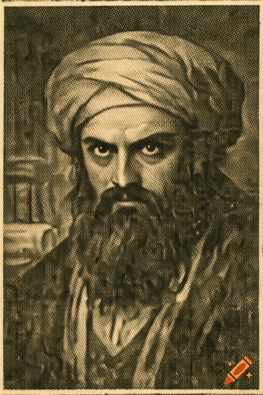 Vintage halftone portrait of a bearded man in a turban, resembling an old newspaper illustration.