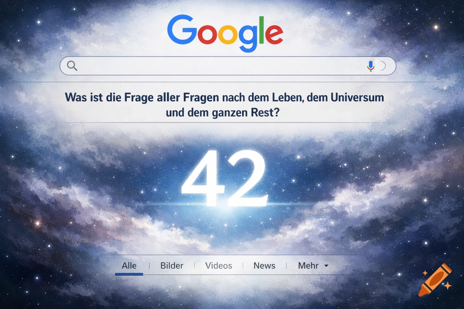 A Google search page with a cosmic background, displaying the question 'Was ist die Frage aller Fragen nach dem Leben, dem Universum und dem ganzen Rest?' and the answer '42'.