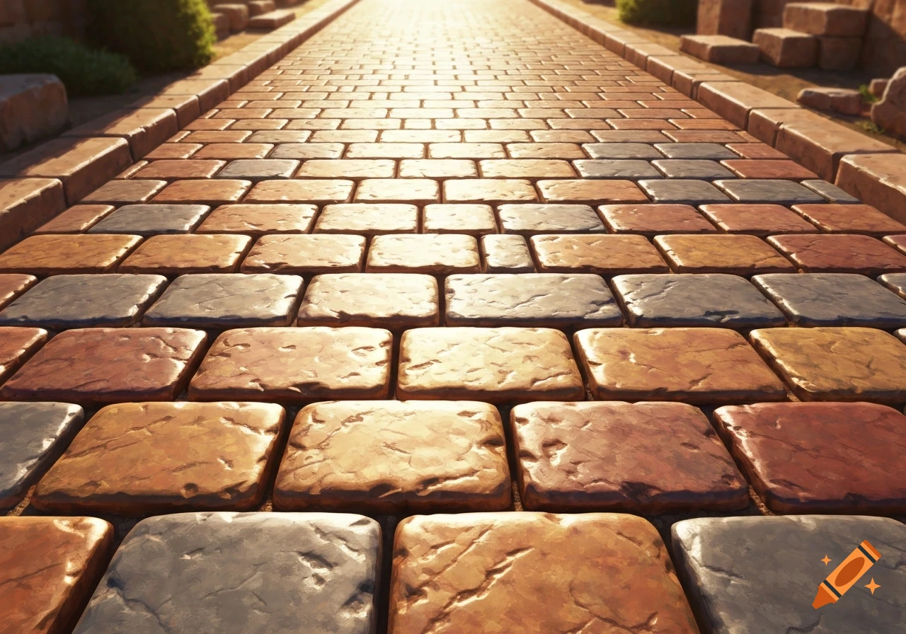 A close-up, low-angle perspective of a vibrant, multi-colored cobblestone path stretching into the sunny distance.