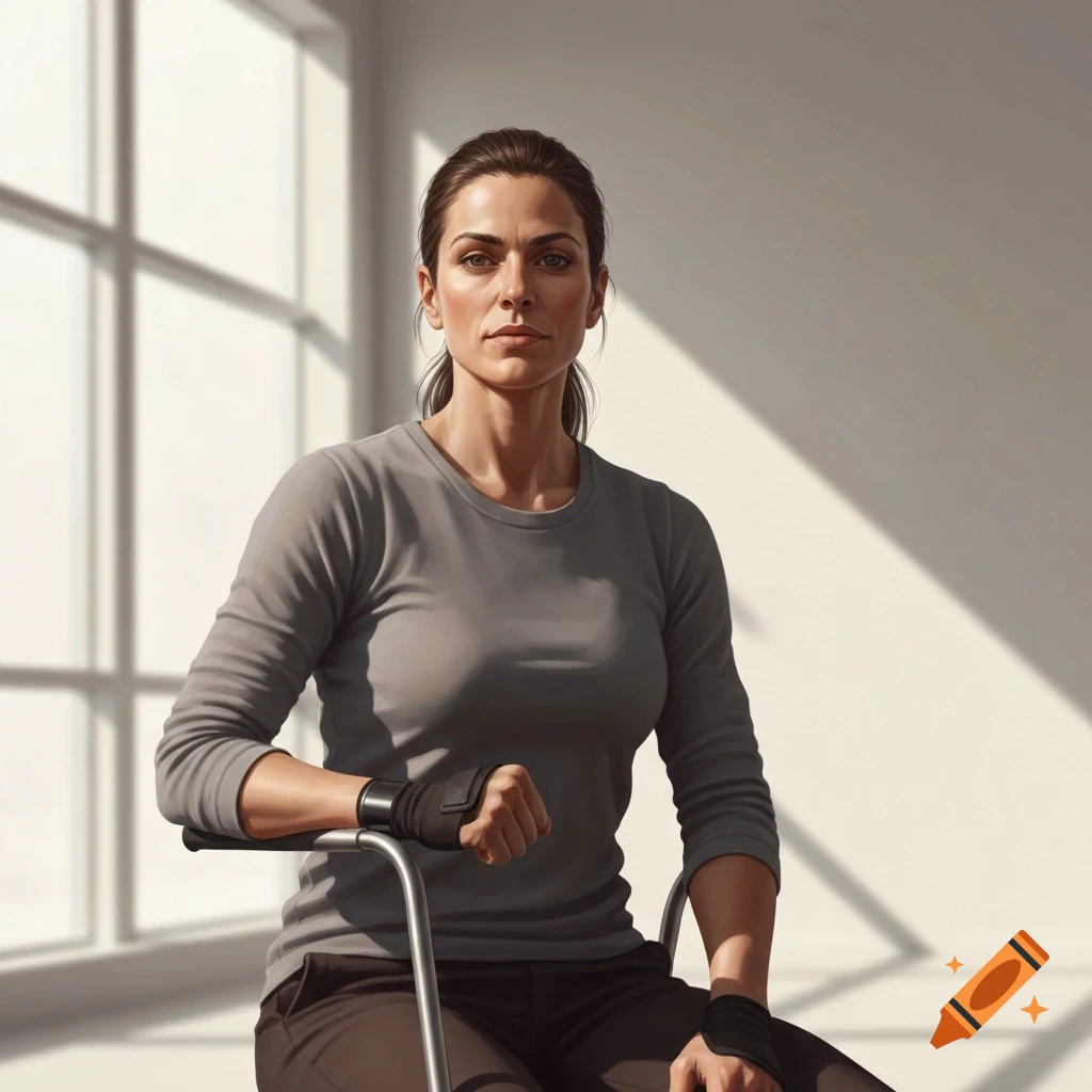 A woman with dark hair in a ponytail, wearing a grey shirt and dark pants, sits with black wrist braces, looking forward. Photorealistic style.