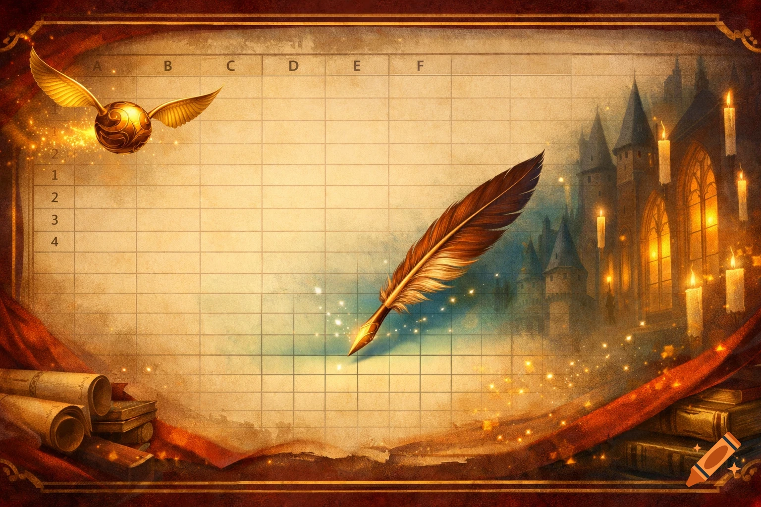 A magical Harry Potter-themed spreadsheet banner featuring a golden snitch, a quill, and a castle with candles.