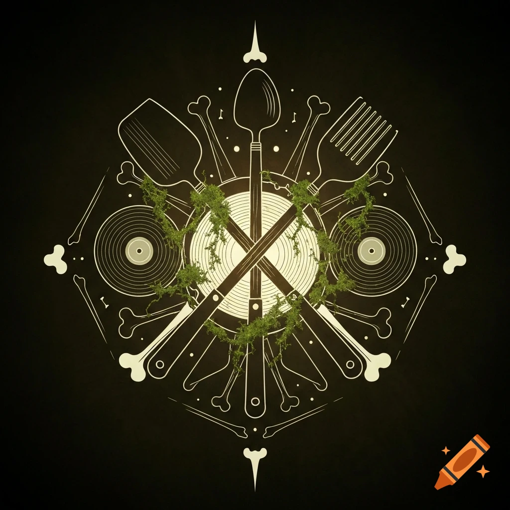 A black background features a symmetrical, symbolic line art illustration. Crossed spatulas, a spoon, and a fork are surrounded by bones and vinyl records, all entwined with green moss. A central circular pattern and stylized compass points complete the design.