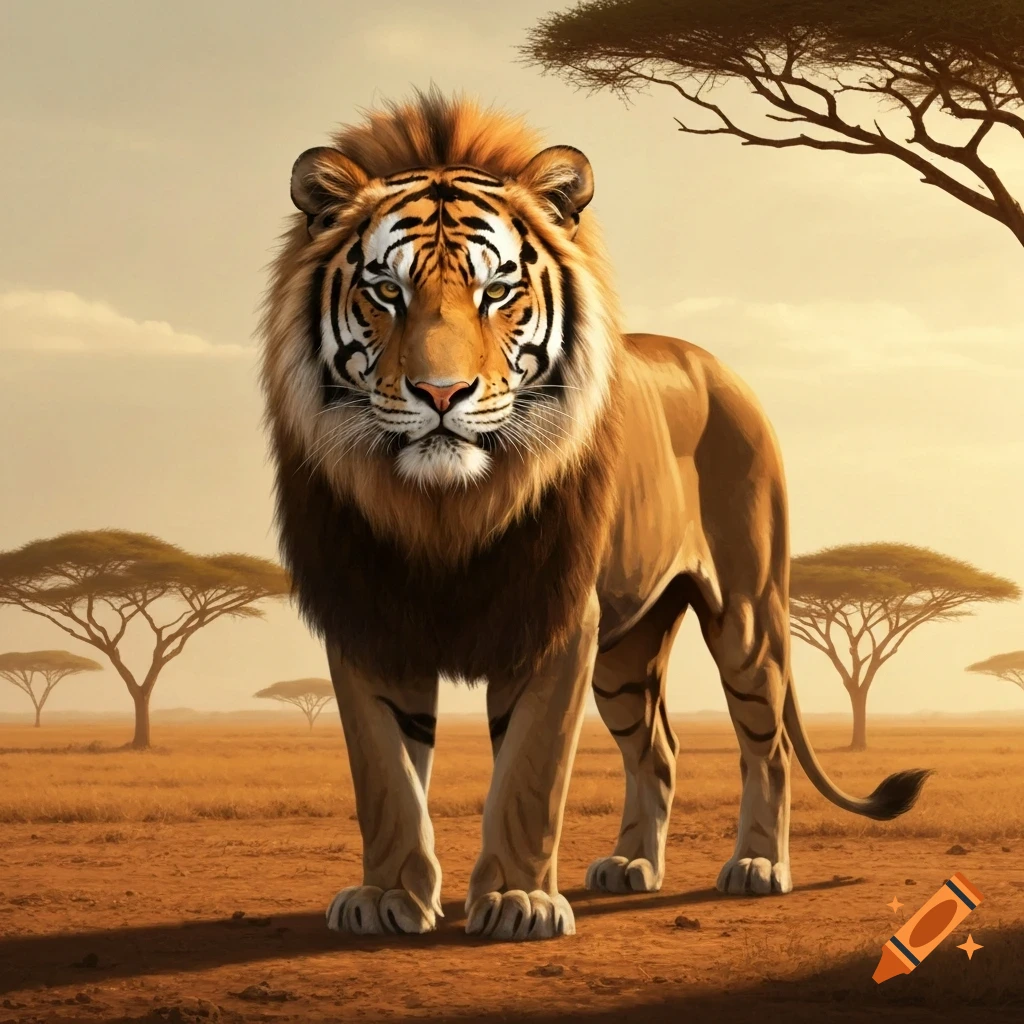A majestic hybrid big cat, featuring a lion's body and a tiger's striped face, stands in a dry African savanna with acacia trees.
