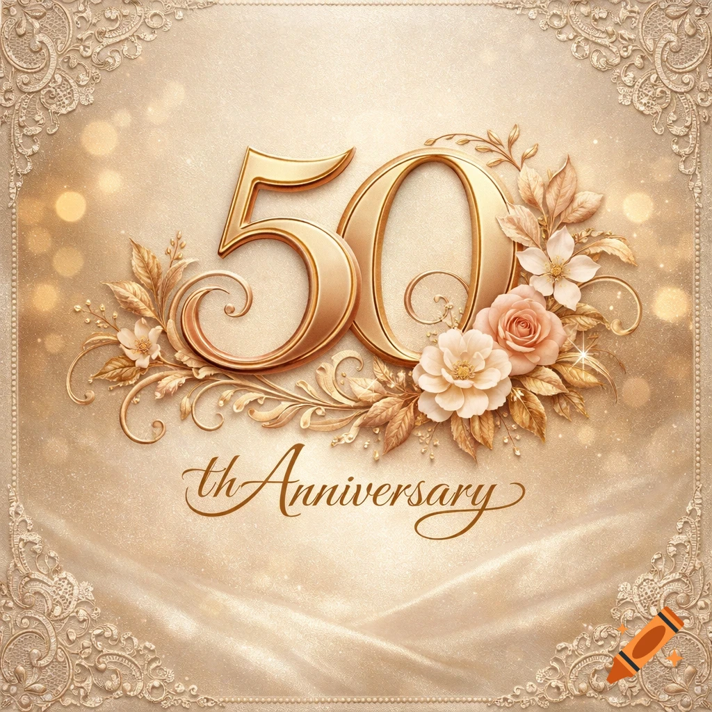 Elegant golden "50 th Anniversary" text, adorned with soft pink and cream flowers, golden leaves, and ornate filigree on a sparkling beige background.