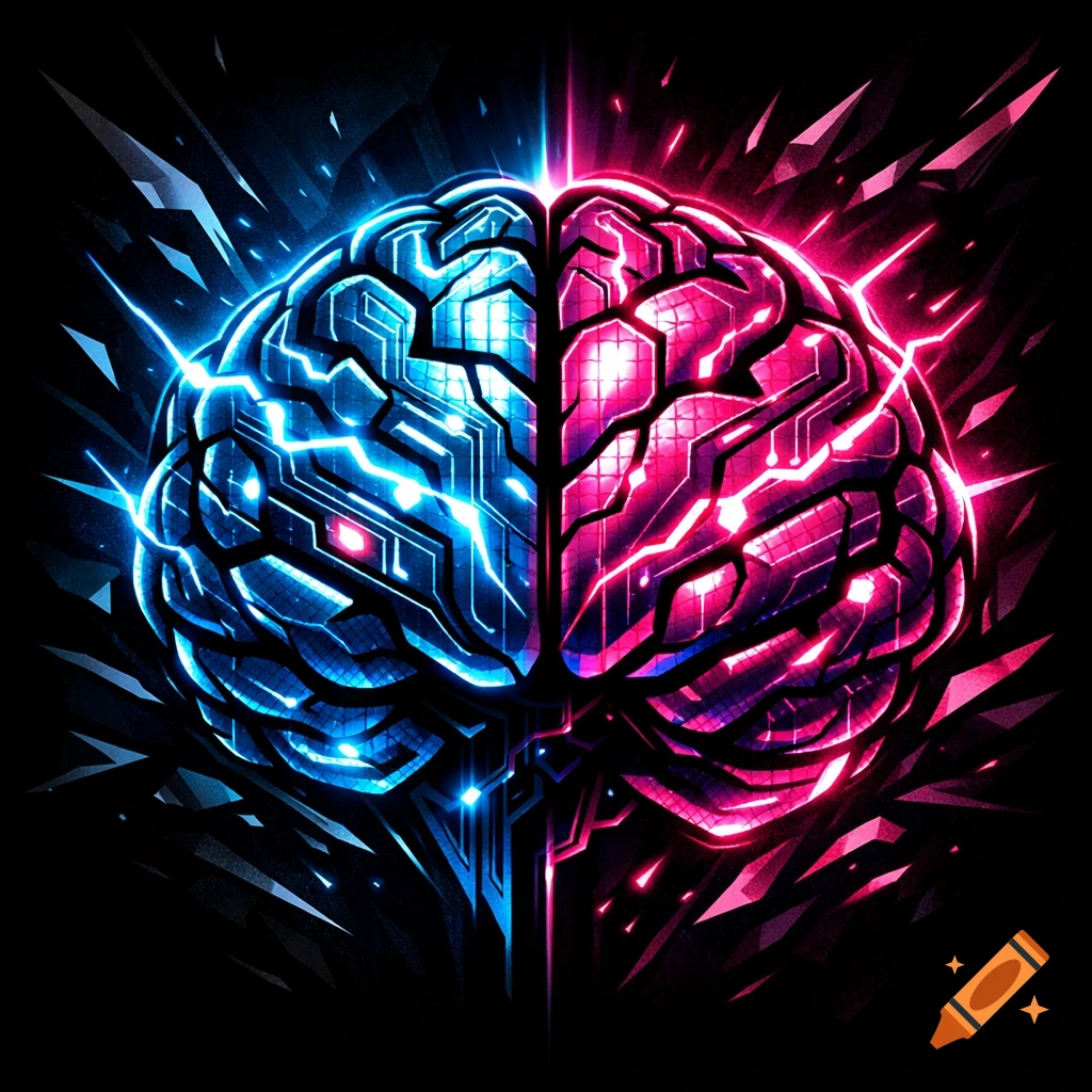 A stylized brain logo split into glowing blue circuitry on the left and pink neural networks on the right, against a black background.