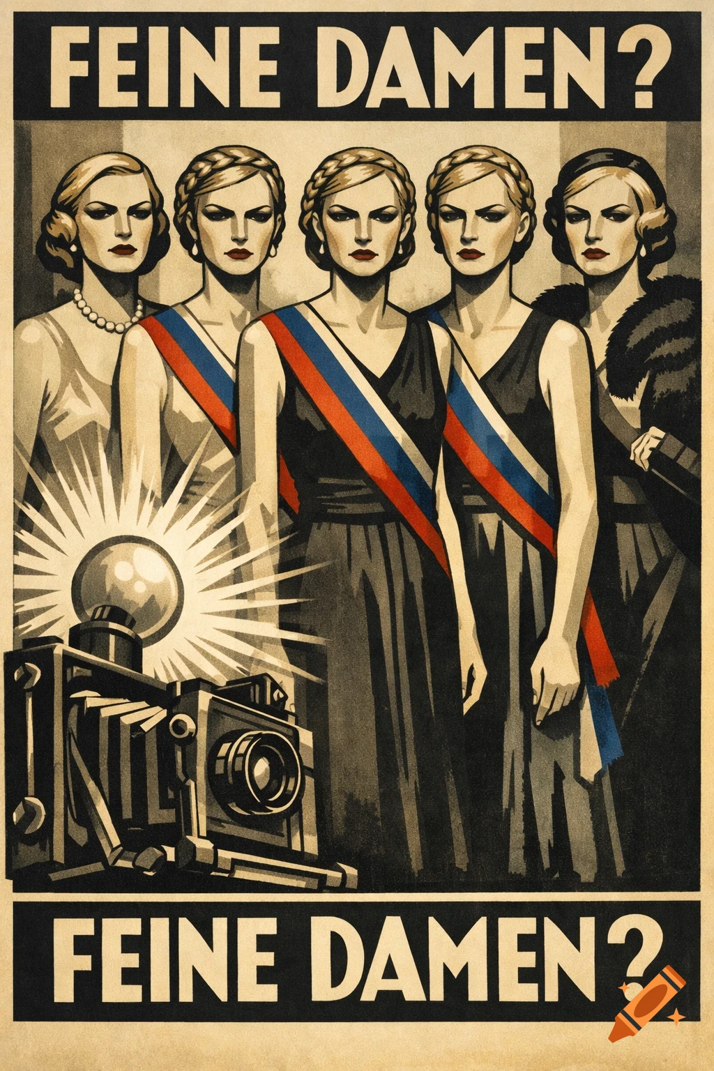 A vintage-style satirical poster showing five stern women in 1920s dresses with sashes posing for a camera, text says 'FEINE DAMEN?'