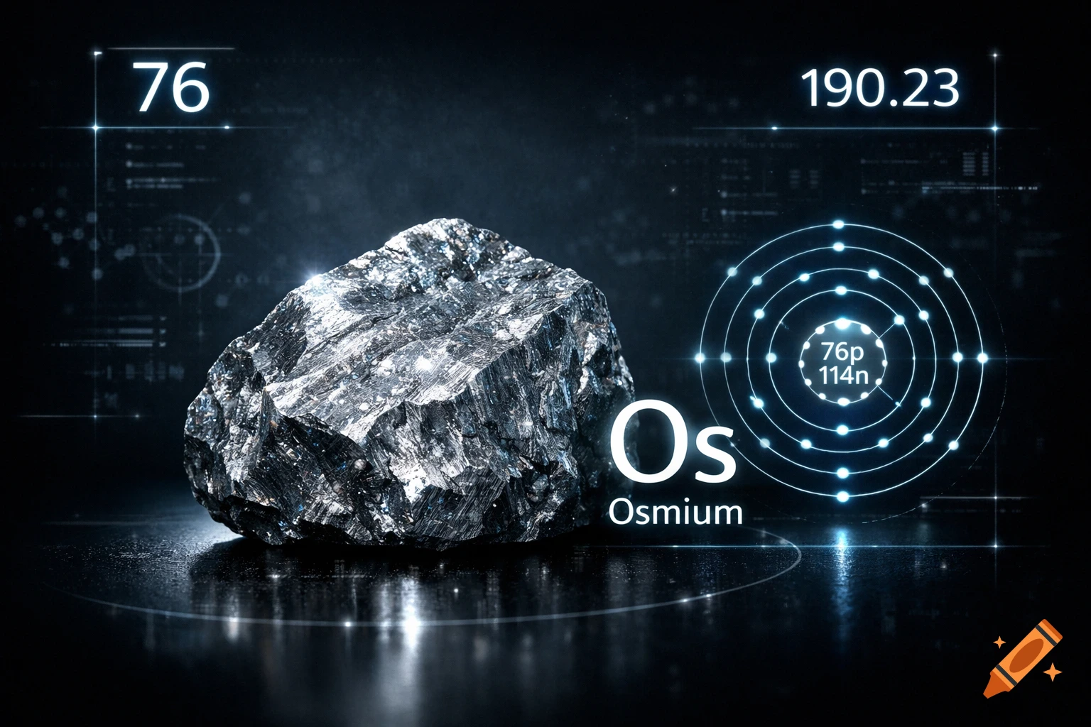 A metallic chunk of Osmium with its atomic number 76, atomic mass 190.23, symbol Os, and electron configuration shown as glowing graphics in a dark, futuristic setting.