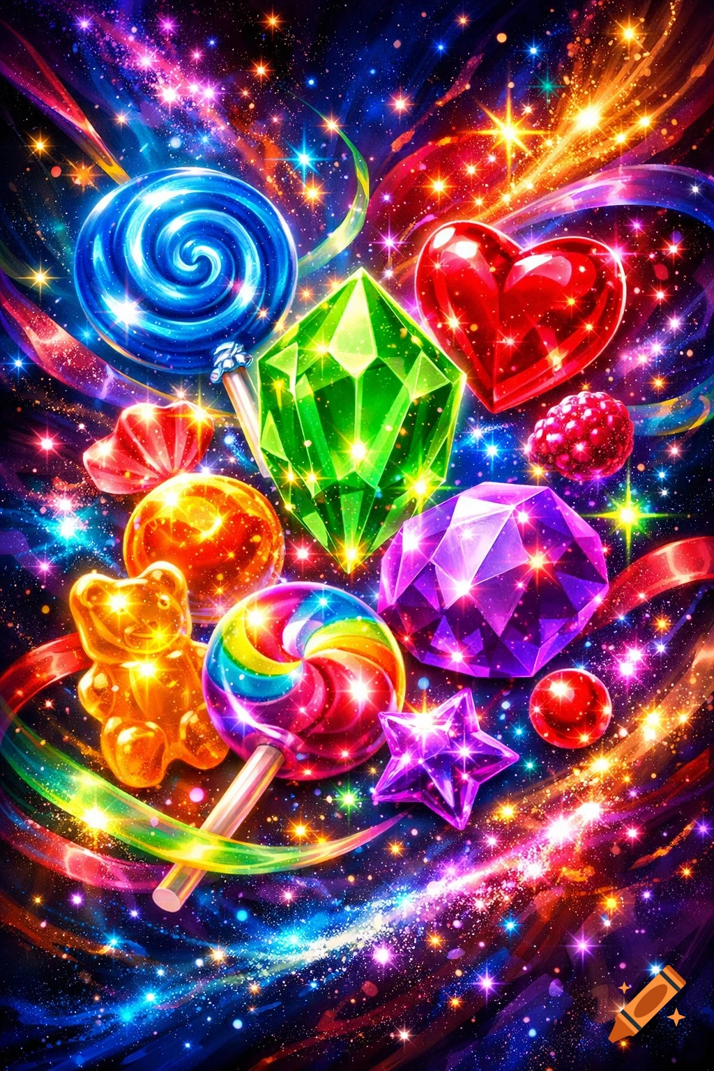 A vibrant, sparkling array of colorful candies and gems, including a blue swirled lollipop, a red heart candy, a green emerald, a purple jewel, a rainbow lollipop, and a gummy bear, all against a cosmic background with starlight trails.