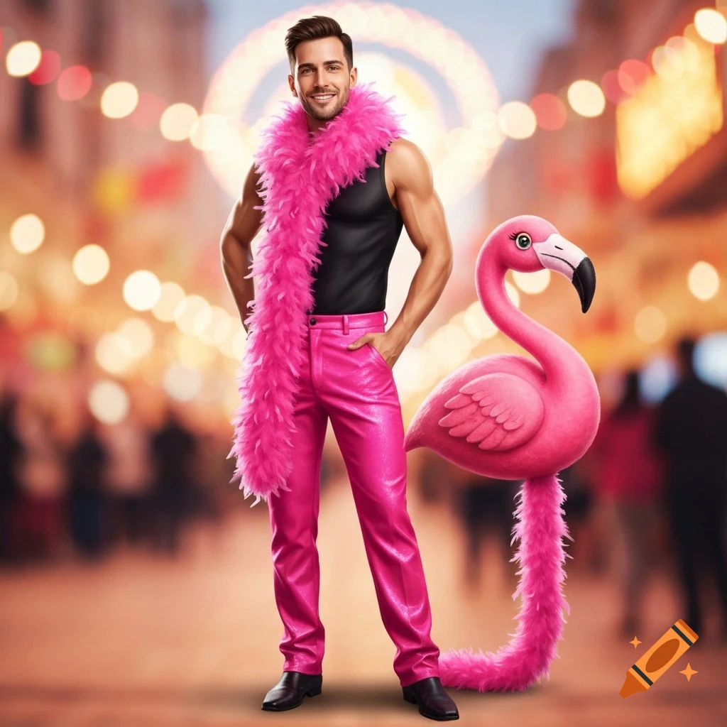A man in a pink feather boa and shiny pink pants smiles while standing next to a large plush pink flamingo at a festive outdoor carnival.