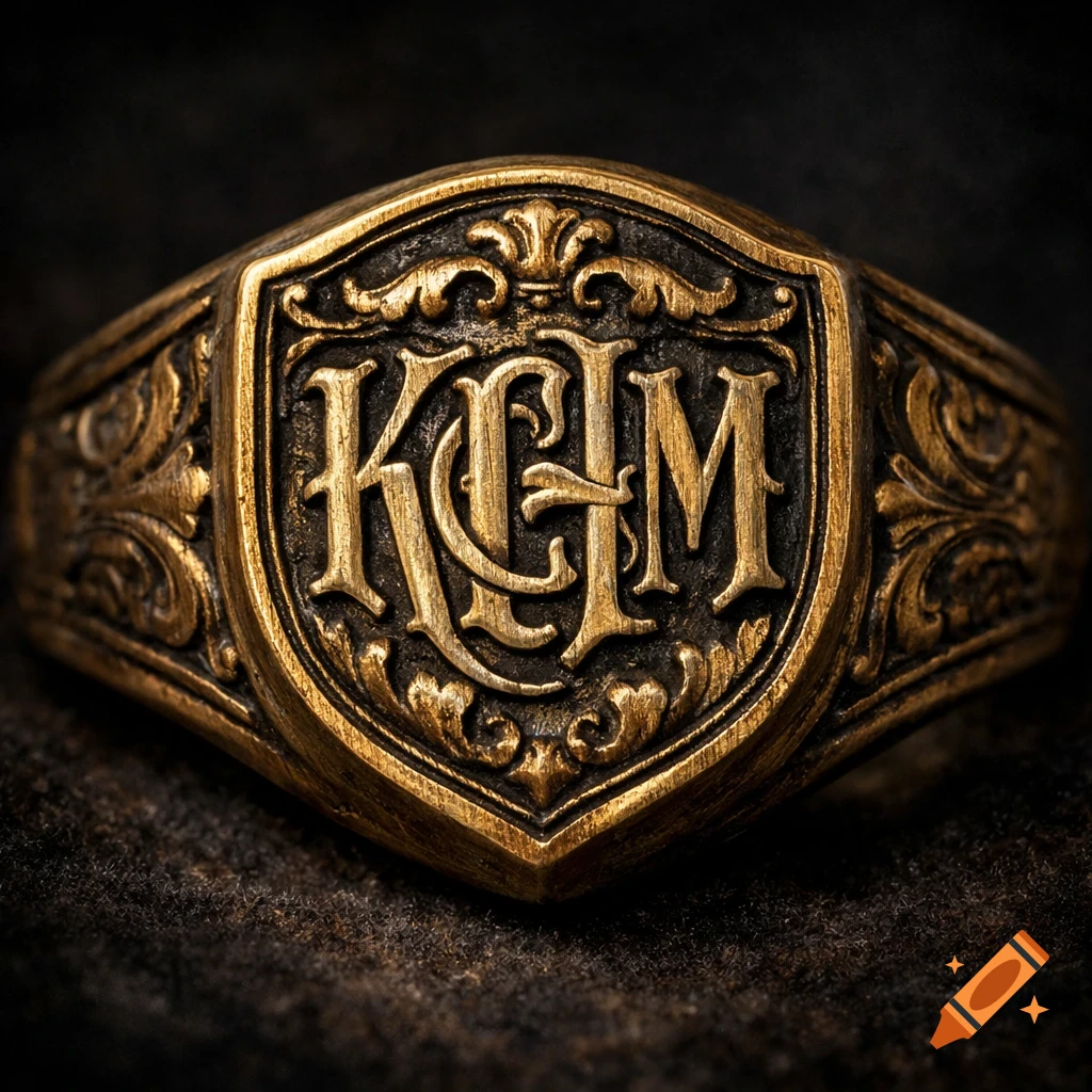Ornate gold signet ring with interwoven initials KCHM embossed on a shield design, set on a dark textured surface.