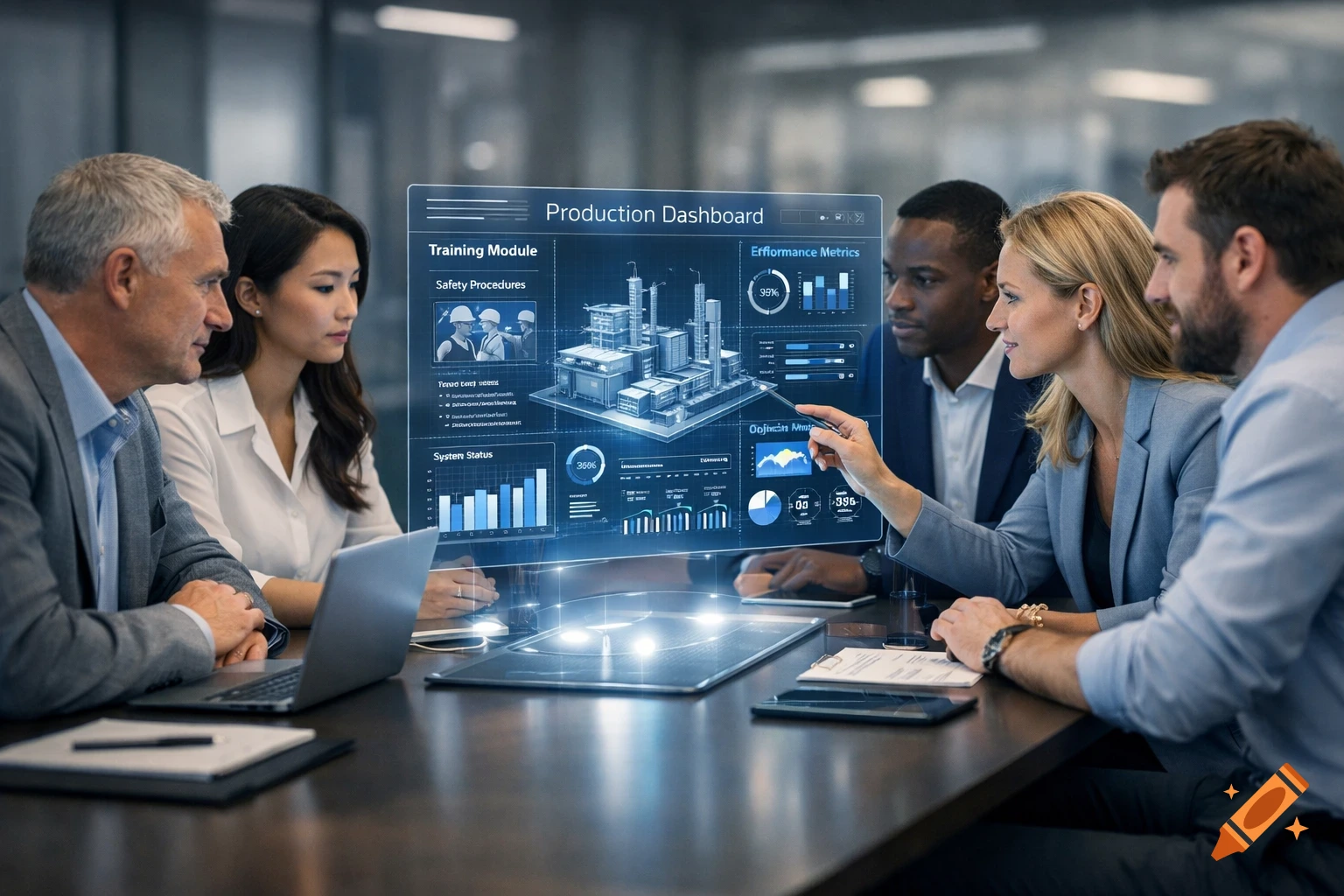 Diverse professionals in a modern meeting room interact with a holographic digital screen displaying production dashboards and data charts.