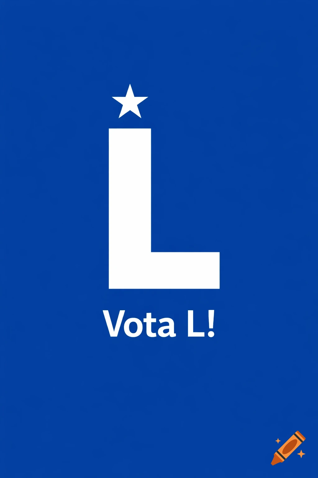 A minimalist graphic design features a large white letter L and a small white star on a blue background, with the text 'Vota L!'.