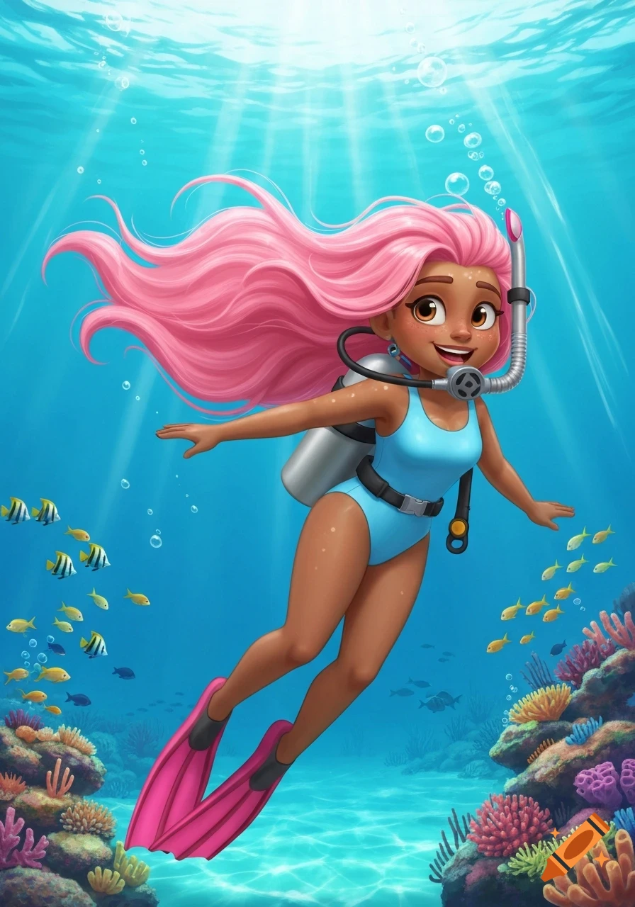 Brown-skinned cartoon girl with long pink hair, wearing a light blue swimsuit and pink fins, scuba diving in the ocean among colorful coral and fish.
