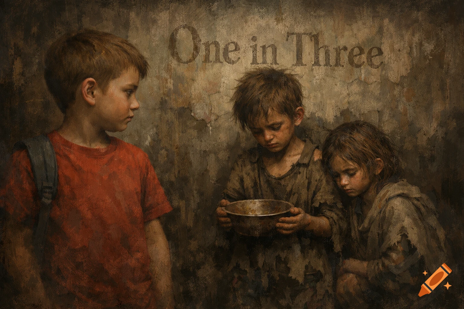 A dark, textured painting shows a well-dressed boy observing two ragged children, one holding a bowl, with 'One in Three' on the wall.