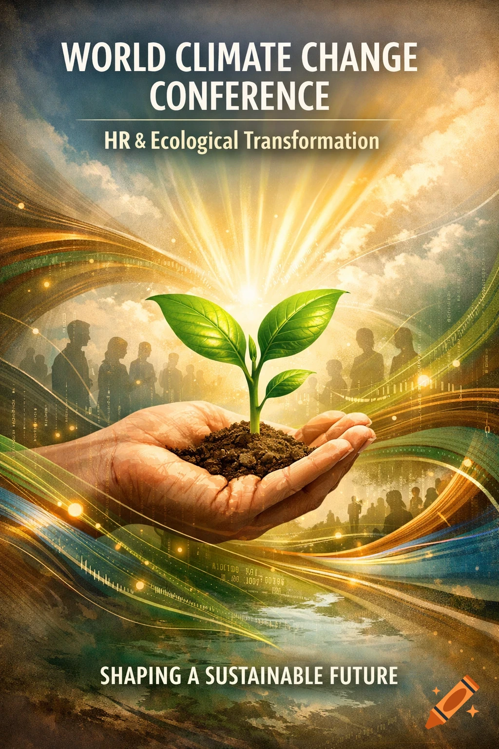 Vibrant poster for a climate change conference, with a hand holding a plant sprout under glowing sun rays, representing ecological transformation.