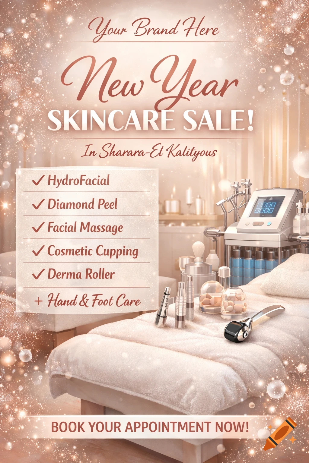 A glittery New Year Skincare Sale flyer with a list of services like HydroFacial and Diamond Peel, featuring a spa room with equipment and products on a treatment bed.