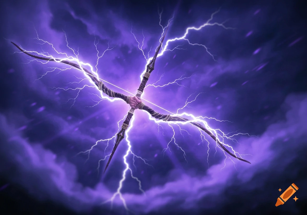 A stylized bow made of dark wood and sinews, held by a hand, crackles with bright white lightning against a dark purple stormy sky.