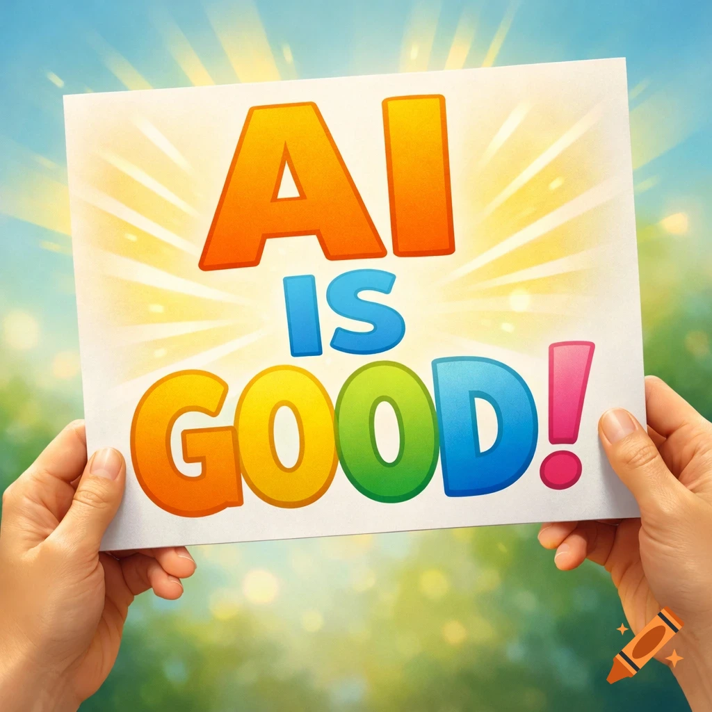 Hands hold a colorful sign that reads 'AI IS GOOD!' against a bright, sunny background.