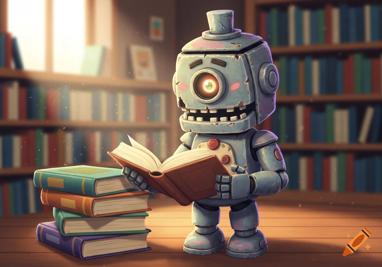 A cute, worn blue cartoon robot with a glowing eye reads a book in a library, surrounded by stacks of books.