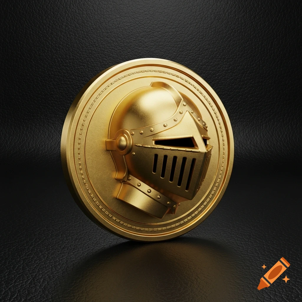 A 3D render of a golden knight helmet game token with embossed details, set on a black leather background.