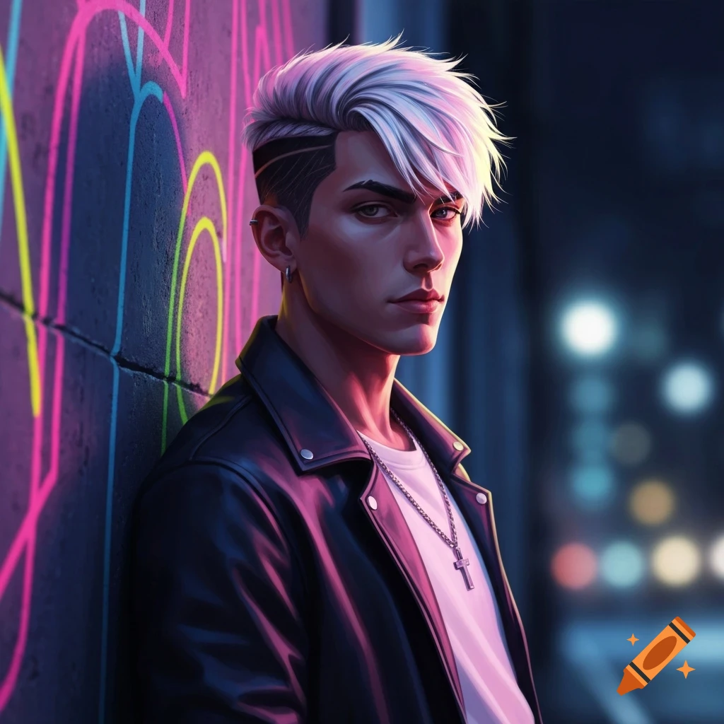 Stylized man with white hair and black leather jacket leans against a dark wall with neon pink and yellow graffiti.