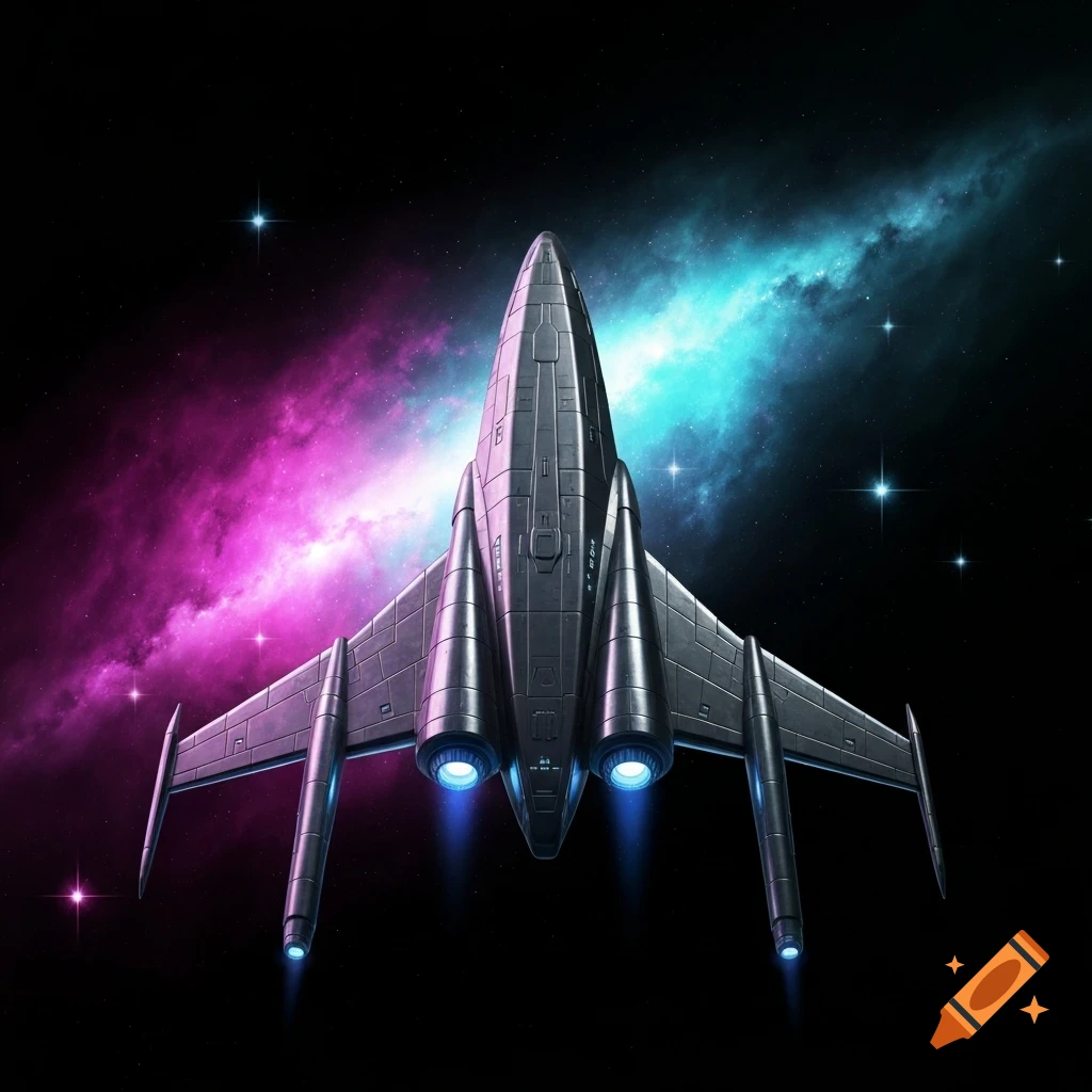 A sleek, dark grey spaceship with glowing blue thrusters flies through deep space against vibrant purple and blue nebulae.