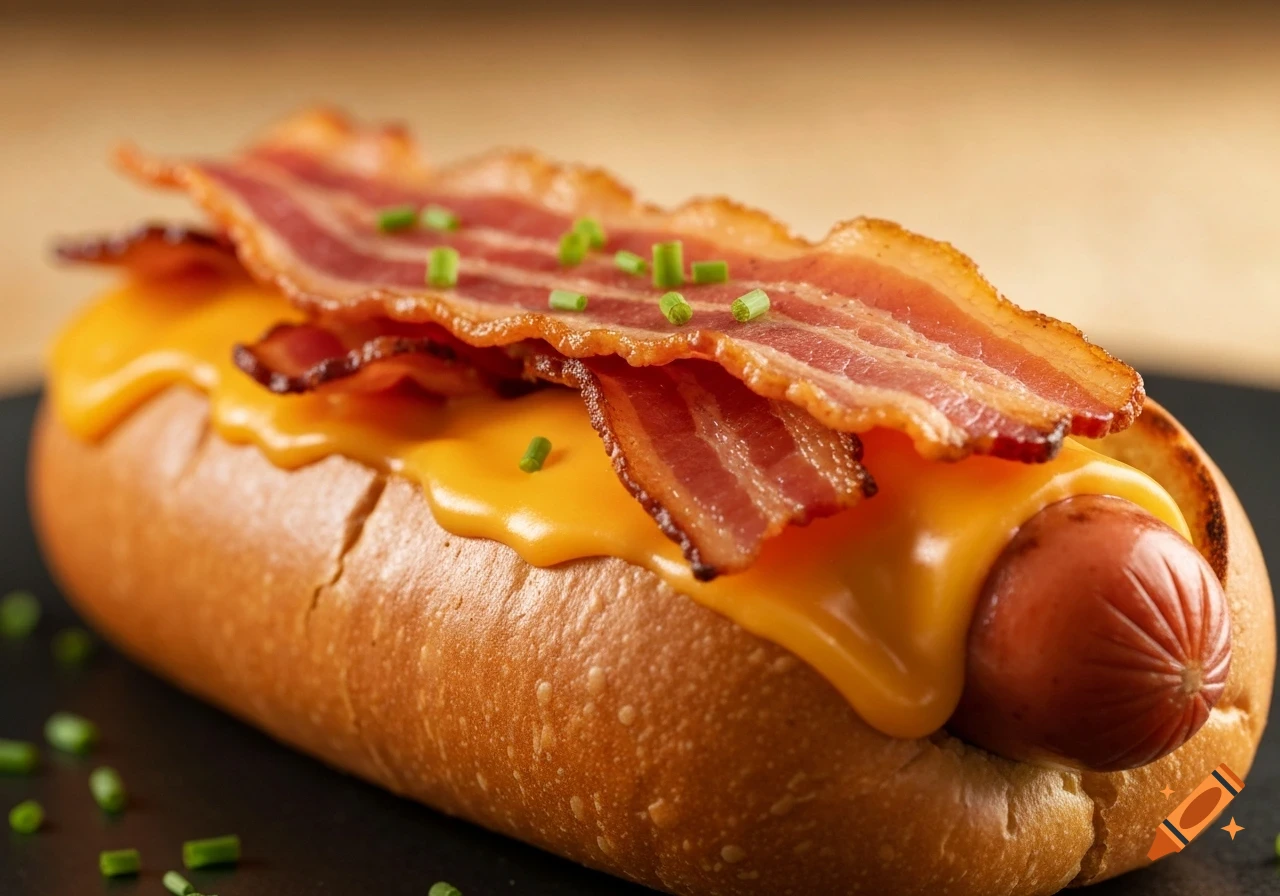 Close-up of a delicious hot dog in a bun, topped with melted cheese, crispy bacon strips, and chopped chives.