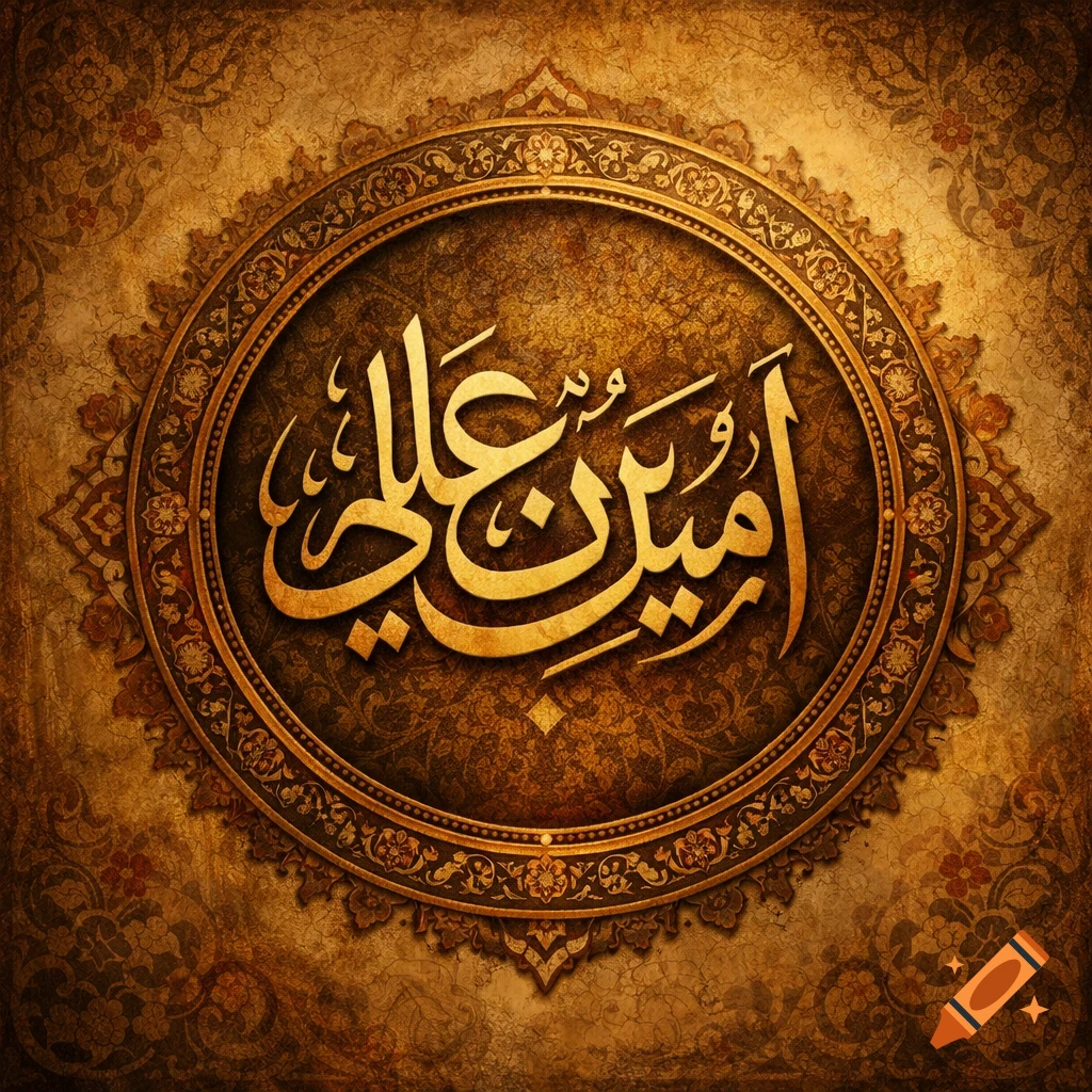 Ornate gold Arabic calligraphy 'Amin bin Ali' in an oval frame on a textured, dark brown Islamic art background.