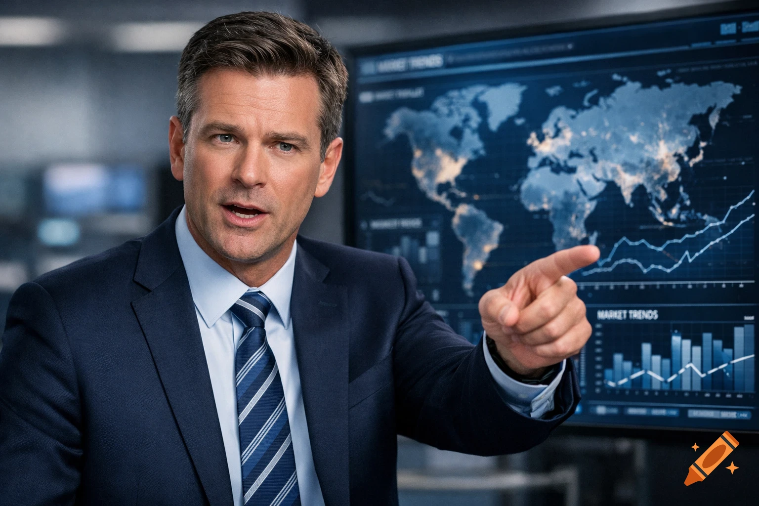 A man in a suit points to a large screen displaying a world map and financial charts in a news analysis report setting.
