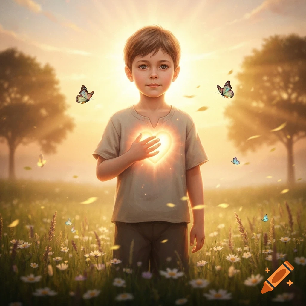 A young boy with a glowing heart on his chest stands in a sunny field with butterflies flying around him, photorealistic.