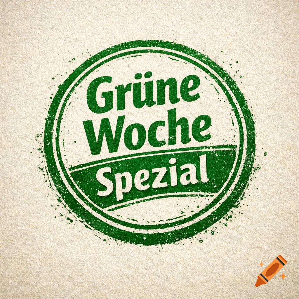 A green circular stamp design with the text 'Grüne Woche Spezial' on a textured beige background.