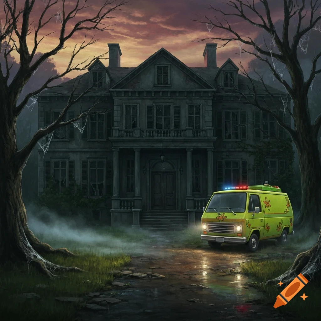 An oil painting of a gloomy, overgrown mansion with a green Mystery Machine van parked on a misty dirt path at dusk, surrounded by spooky bare trees.