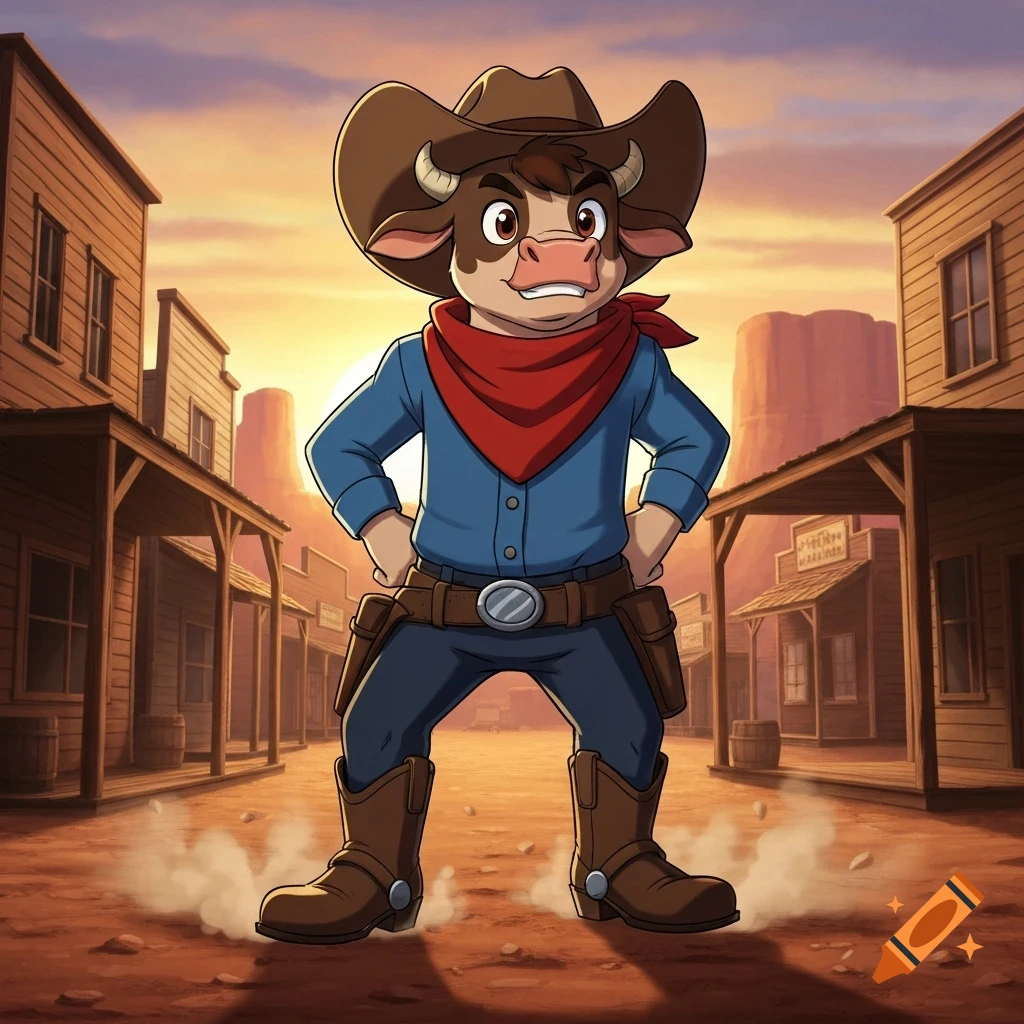 A cartoon anthropomorphic cow in a cowboy hat and red bandana stands in a dusty Western town at sunset, hands on hips.