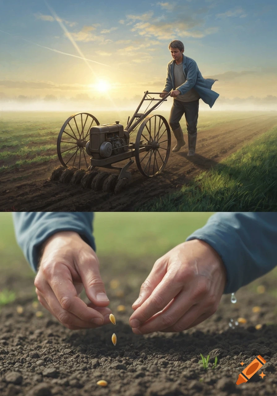 A farmer operates a vintage tiller in a misty field at sunrise, while a close-up shows hands dropping seeds into moist soil.