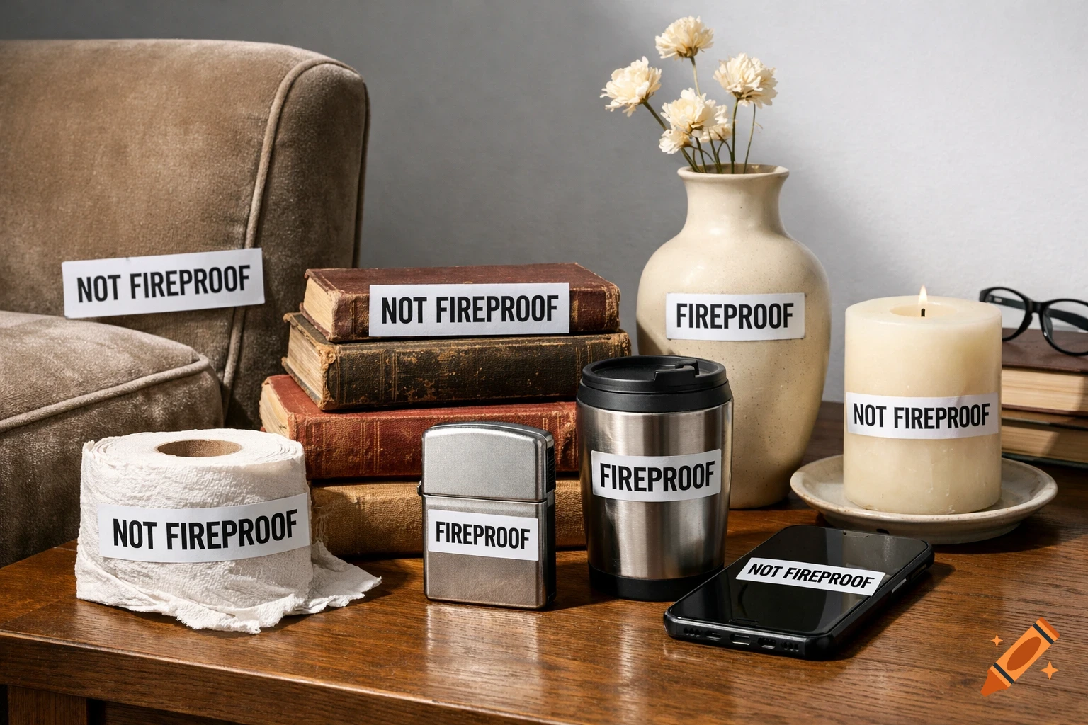 A still life photo of common household items like an armchair, books, and a candle, each labeled with 'FIREPROOF' or 'NOT FIREPROOF' stickers on a wooden table.