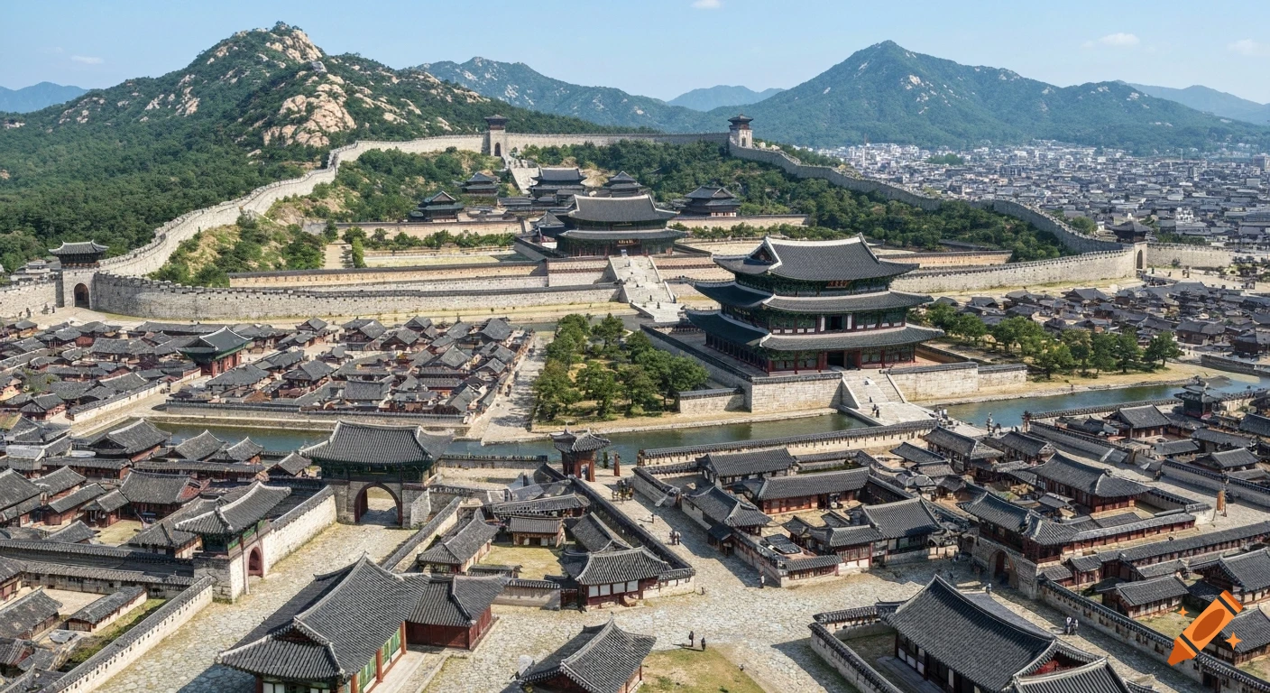 Aerial view of a sprawling historic Korean palace and walled city with traditional tiled-roof buildings surrounded by mountains under a clear sky.
