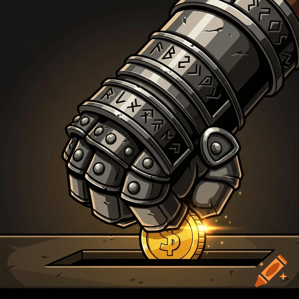 A stylized, armored dwarf hand with a gauntlet deposits a gleaming gold coin into a slot, a game icon symbolizing cost.