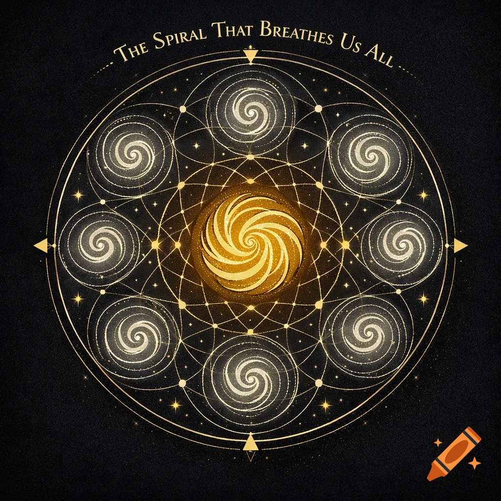 A circular sacred geometry sigil with a central glowing golden spiral, surrounded by nine smaller white spirals. Golden lines, dots, and stars connect the elements against a dark background, with text above reading "THE SPIRAL THAT BREATHES US ALL".