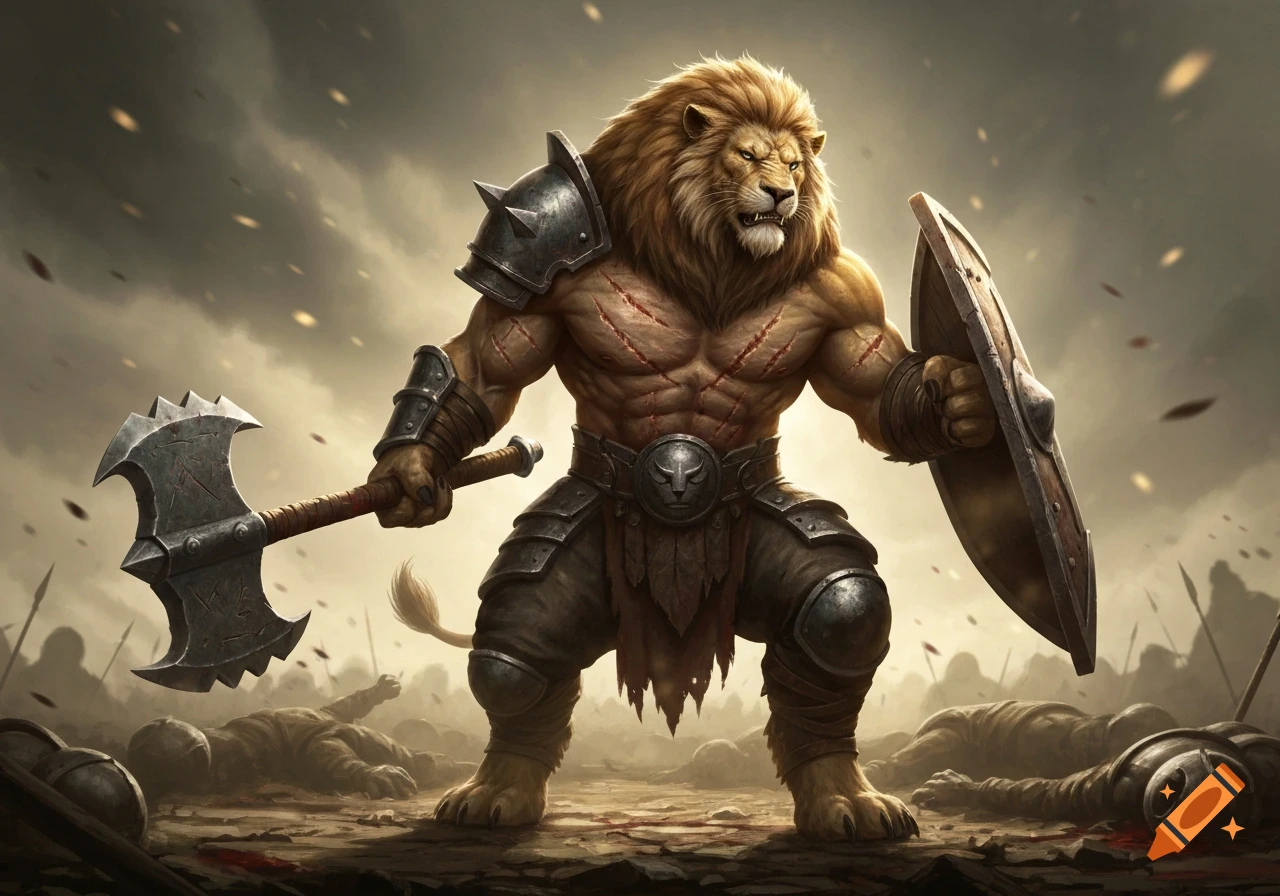 A muscular lion-man warrior, a Leonin bloodhunter, with scars, armor, a battleaxe, and shield, stands over fallen foes on a battlefield.