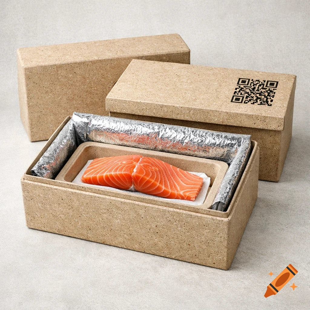 A raw salmon fillet sits inside eco-friendly, insulated packaging with a QR code on the lid.