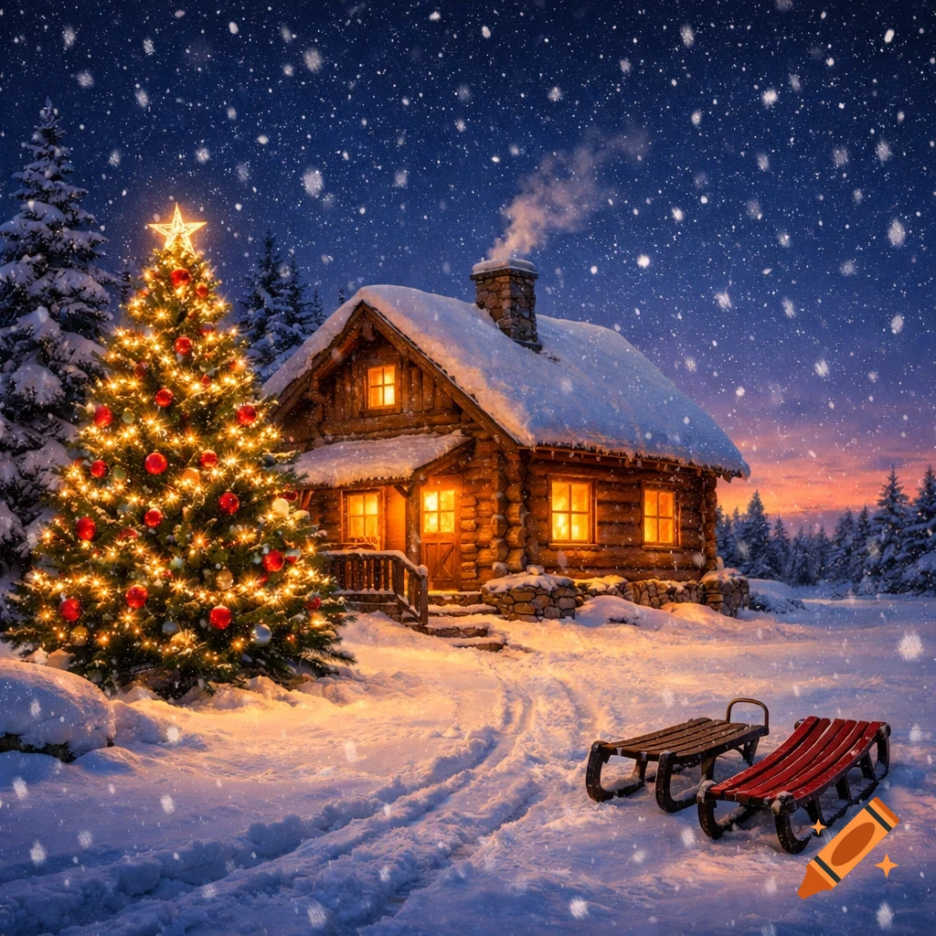 A photorealistic winter night scene with a snow-covered log cabin, glowing windows, a decorated Christmas tree, and two sleds in the snow under a starry sky.