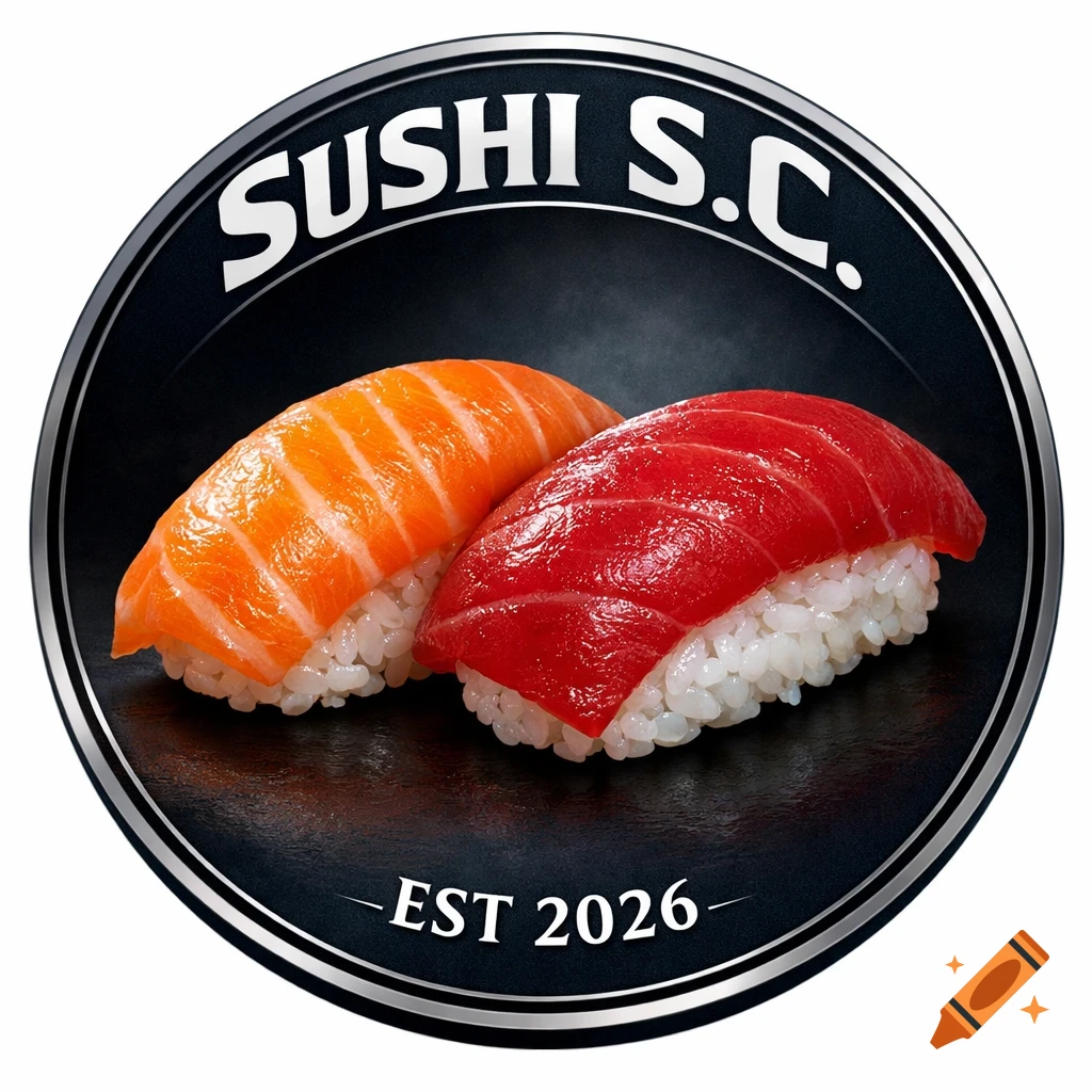 A round black logo featuring hyper-realistic salmon and tuna nigiri sushi, with "SUSHI S.C." at the top and "EST 2026" at the bottom.