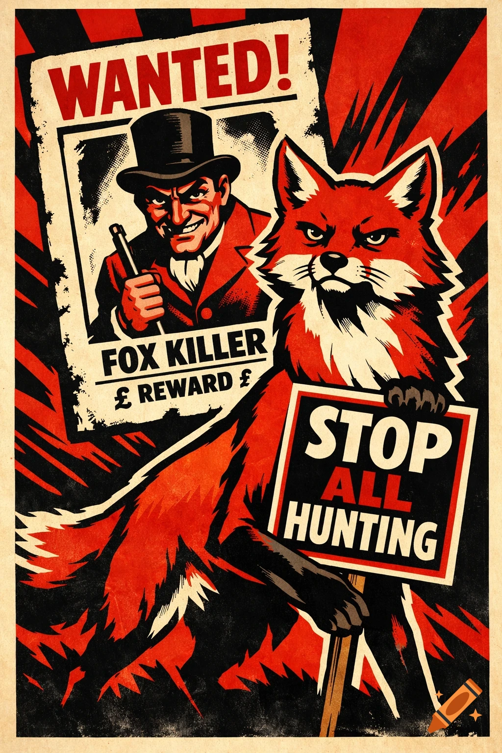 A propaganda art style poster depicts a red fox holding a 'Stop all Hunting' sign, next to a 'Wanted!' poster for a fox killer.