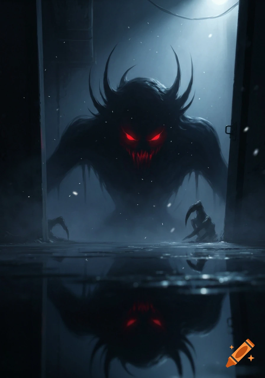 A shadowy, horned monster with glowing red eyes and sharp teeth emerges from a dark doorway, reflected in a wet floor.