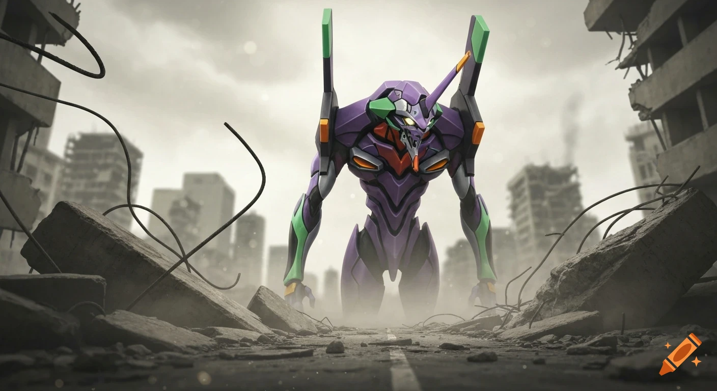 A giant purple and green robot (Eva-01) stands in the rubble of a destroyed city under an overcast sky.