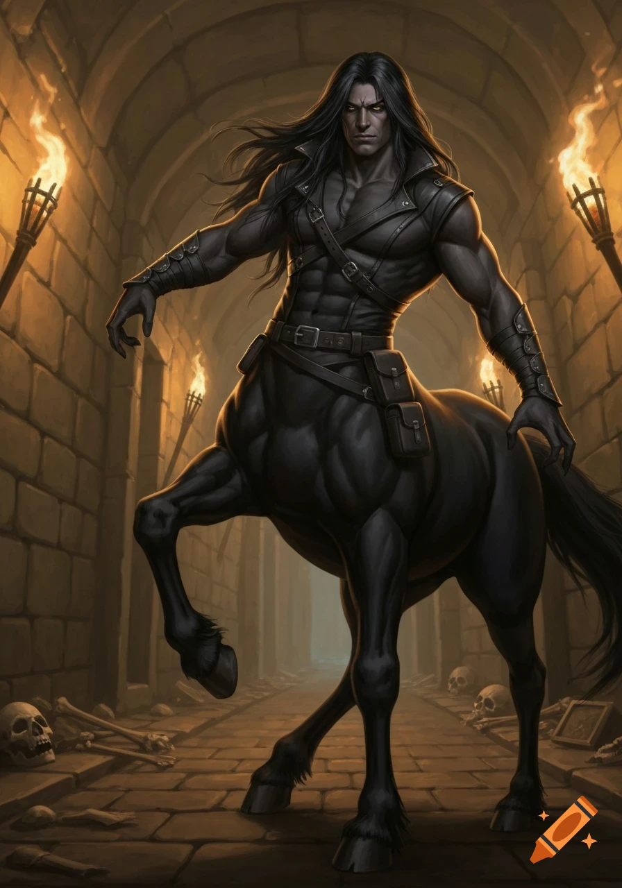 A dark-haired male centaur in a black thief outfit stands in a torch-lit dungeon hallway, with scattered skulls and bones.