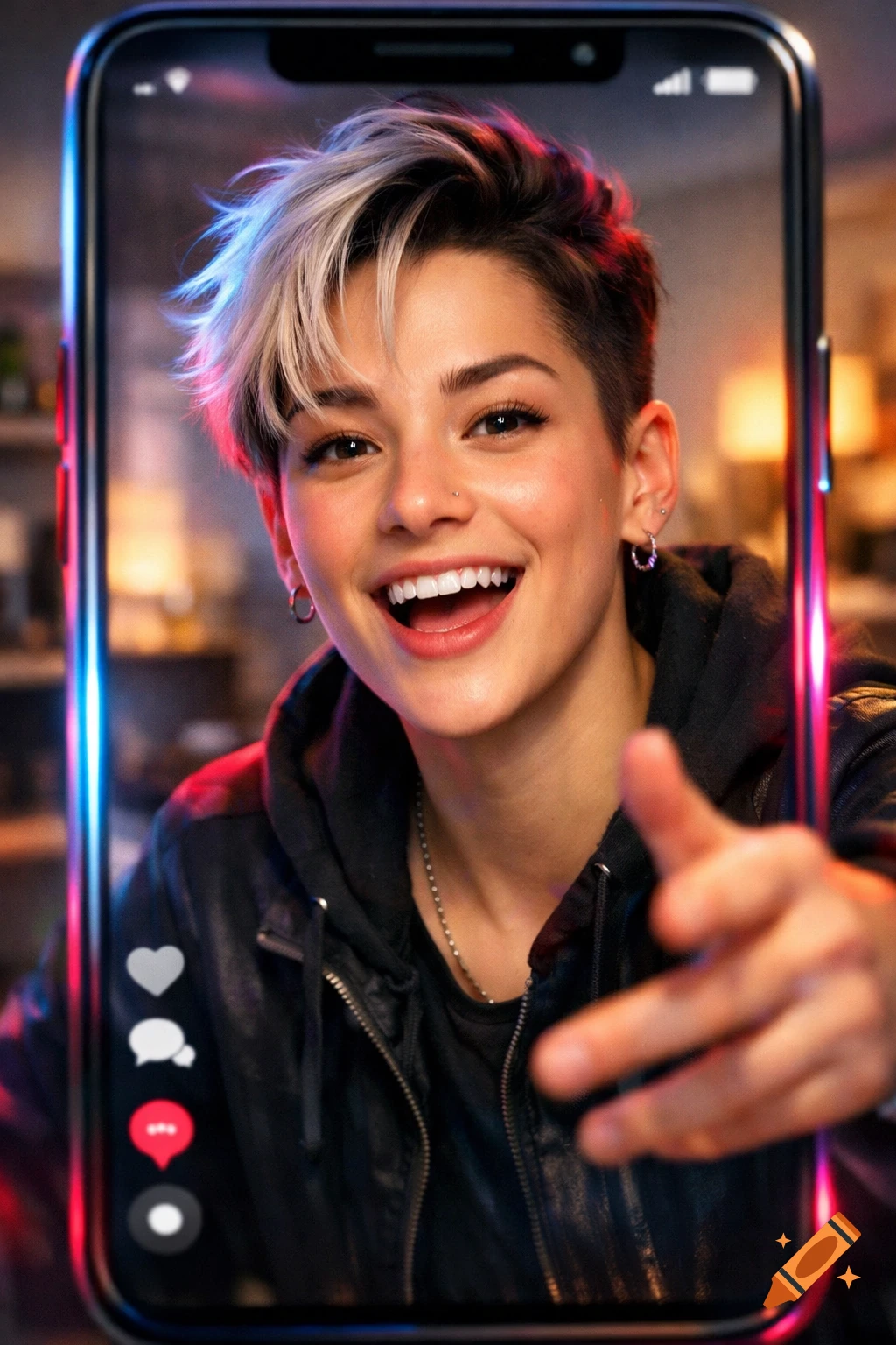 A young, smiling woman with short, two-toned hair and a leather jacket, seen through a smartphone screen with social media icons, pointing towards the viewer.
